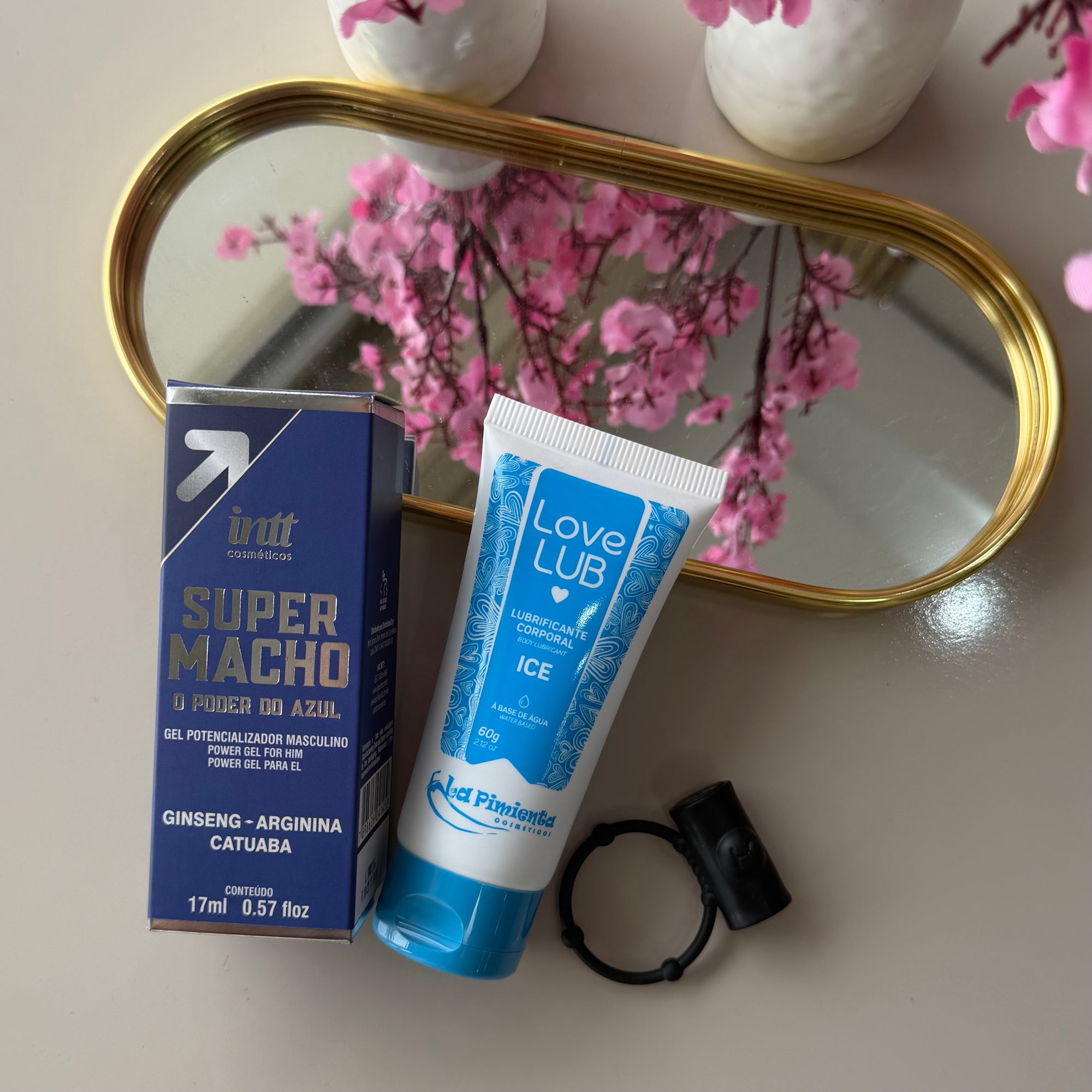 🔥 Kit Potência Máxima: Super Macho + Lubrificante Love Lub Ice + Anel Peniano Vibratório