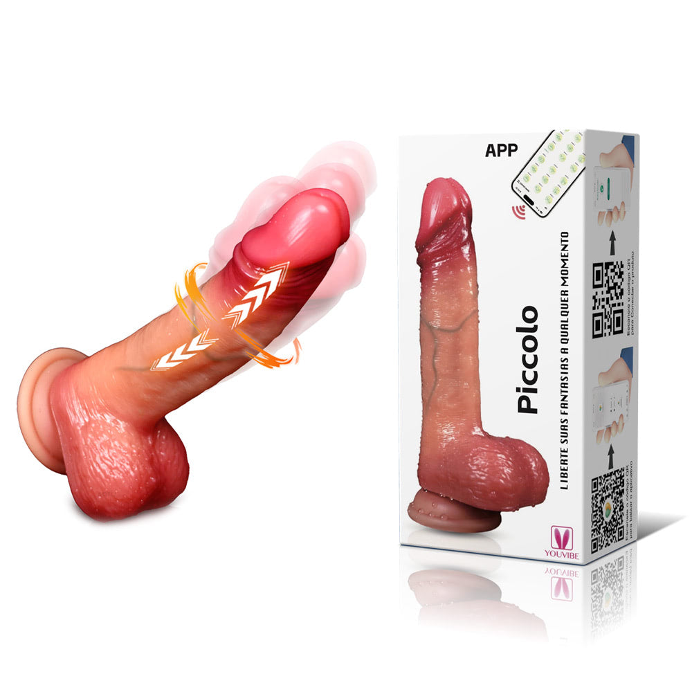 Pênis Realista com ventosa e controle por aplicativo, possui 9 modos de movimentos vai e vem e 9 modos de vibração