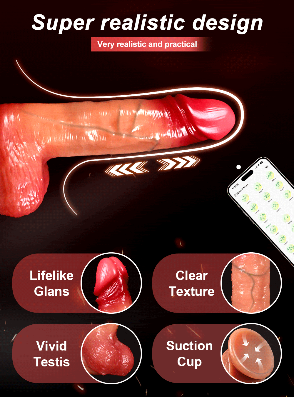 Pênis Realista com ventosa e controle por aplicativo, possui 9 modos de movimentos vai e vem e 9 modos de vibração