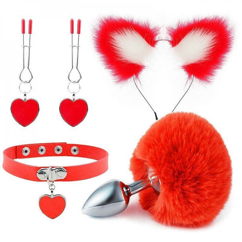 KIT RABO POMPOM COM TIARA DE ORELHAS GRAMPOS DE SEIOS E GARGANTILHA VERMELHO GENERAL IMPORT