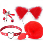 KIT RABO POMPOM COM TIARA DE ORELHAS GRAMPOS DE SEIOS E GARGANTILHA VERMELHO GENERAL IMPORT
